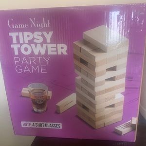 Tipsy Tower wooden game. New 1 shot glass has a printing smear, please see pic